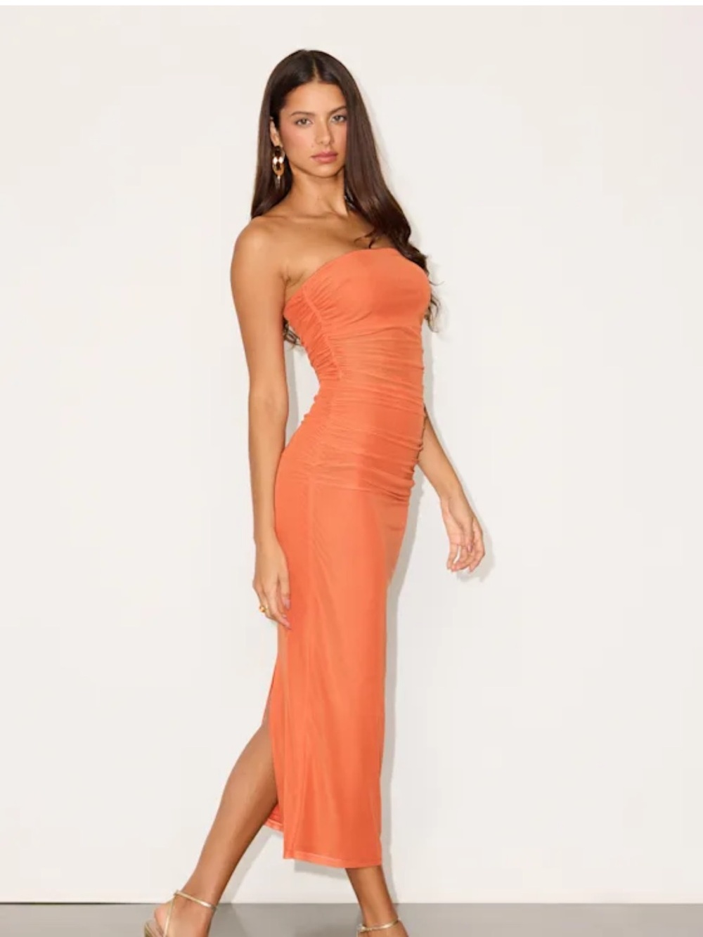 Lulus Utterly Attractive Orange Mesh Ruched Strapless Midi Dress - Picture 3 of 5